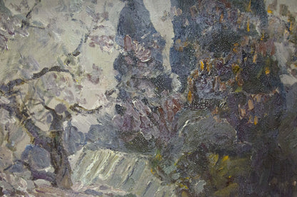 Textured oil painting of muted purple-gray landscape by Khan Nikolay Alekseevich
