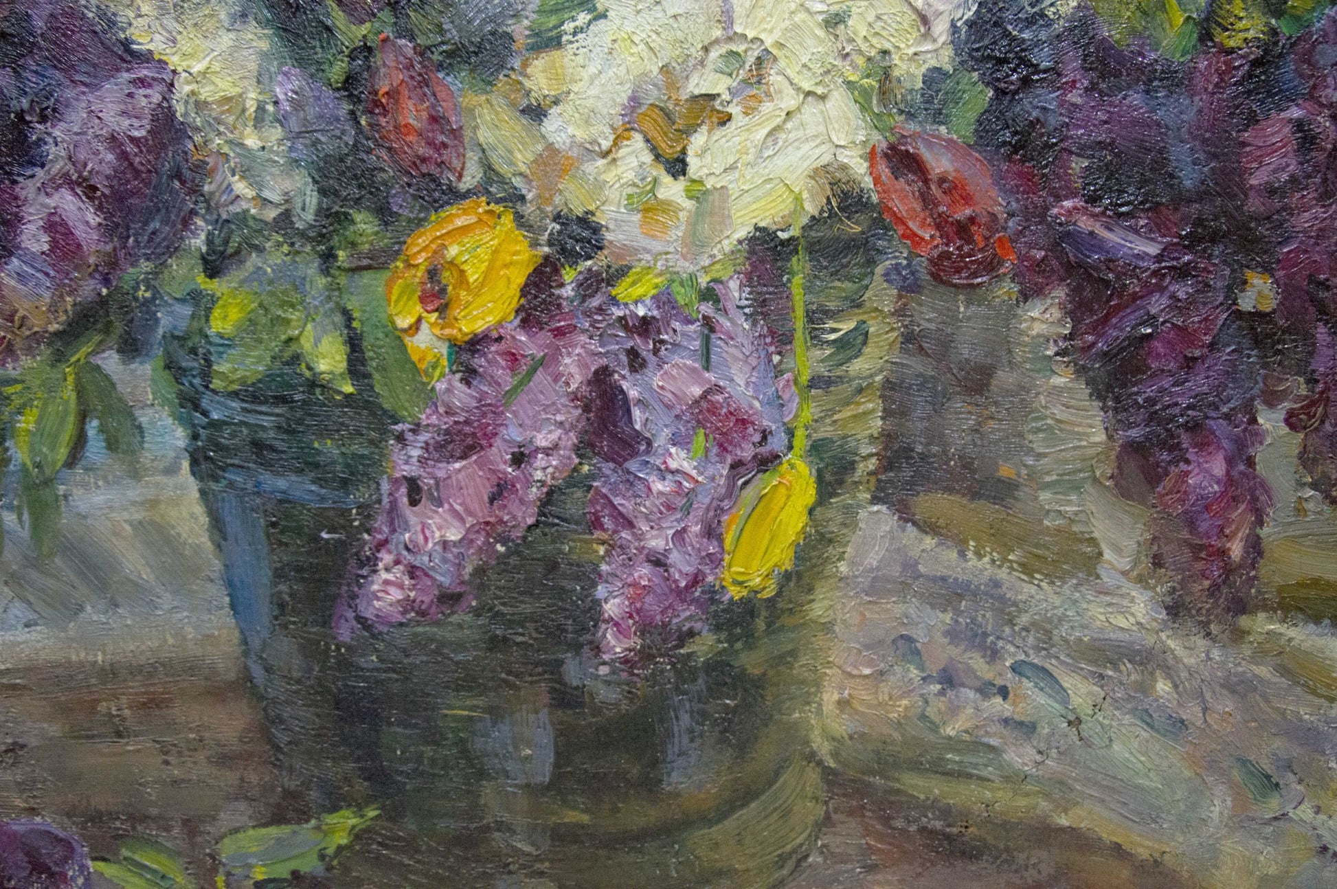 Oil painting by Kolomoitsev Petr Mikhailovich: lilacs and tulips in green vase