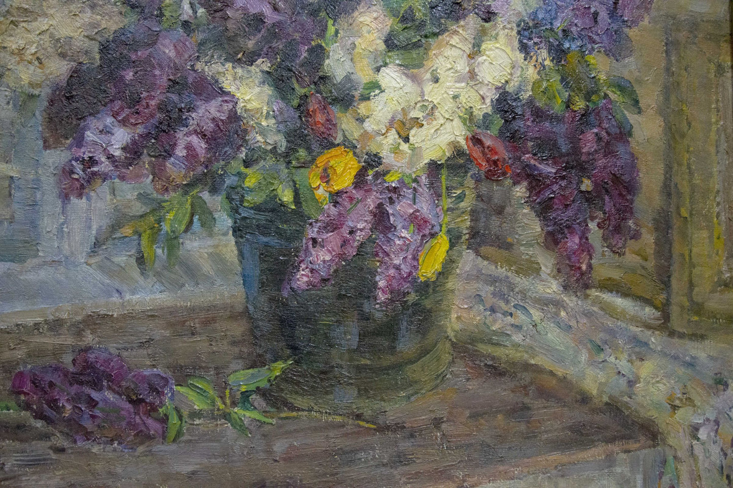 Oil painting by Petr Mikhailovich Kolomoitsev of lilacs and tulips