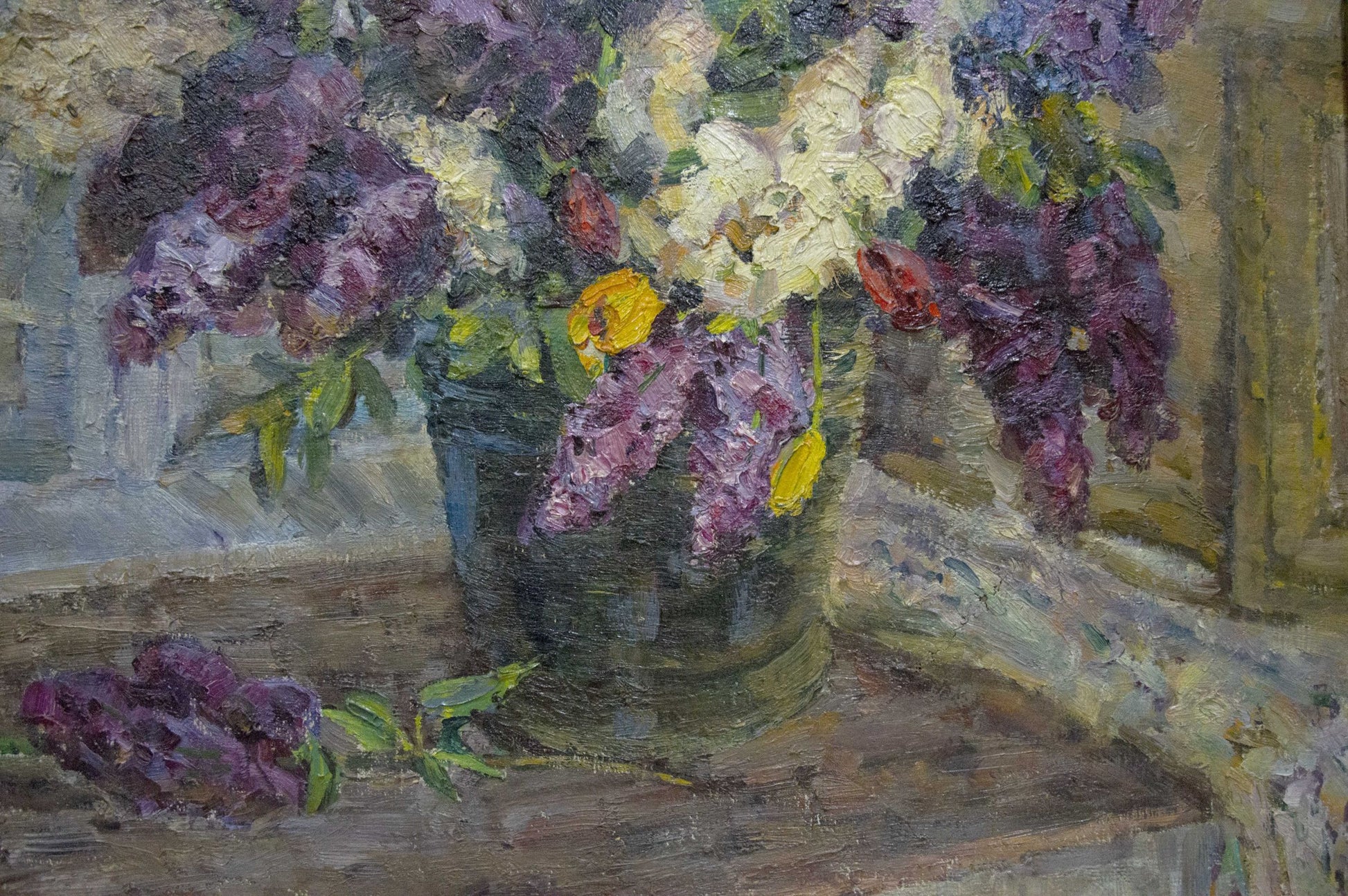 Oil painting by Petr Mikhailovich Kolomoitsev of lilacs and tulips