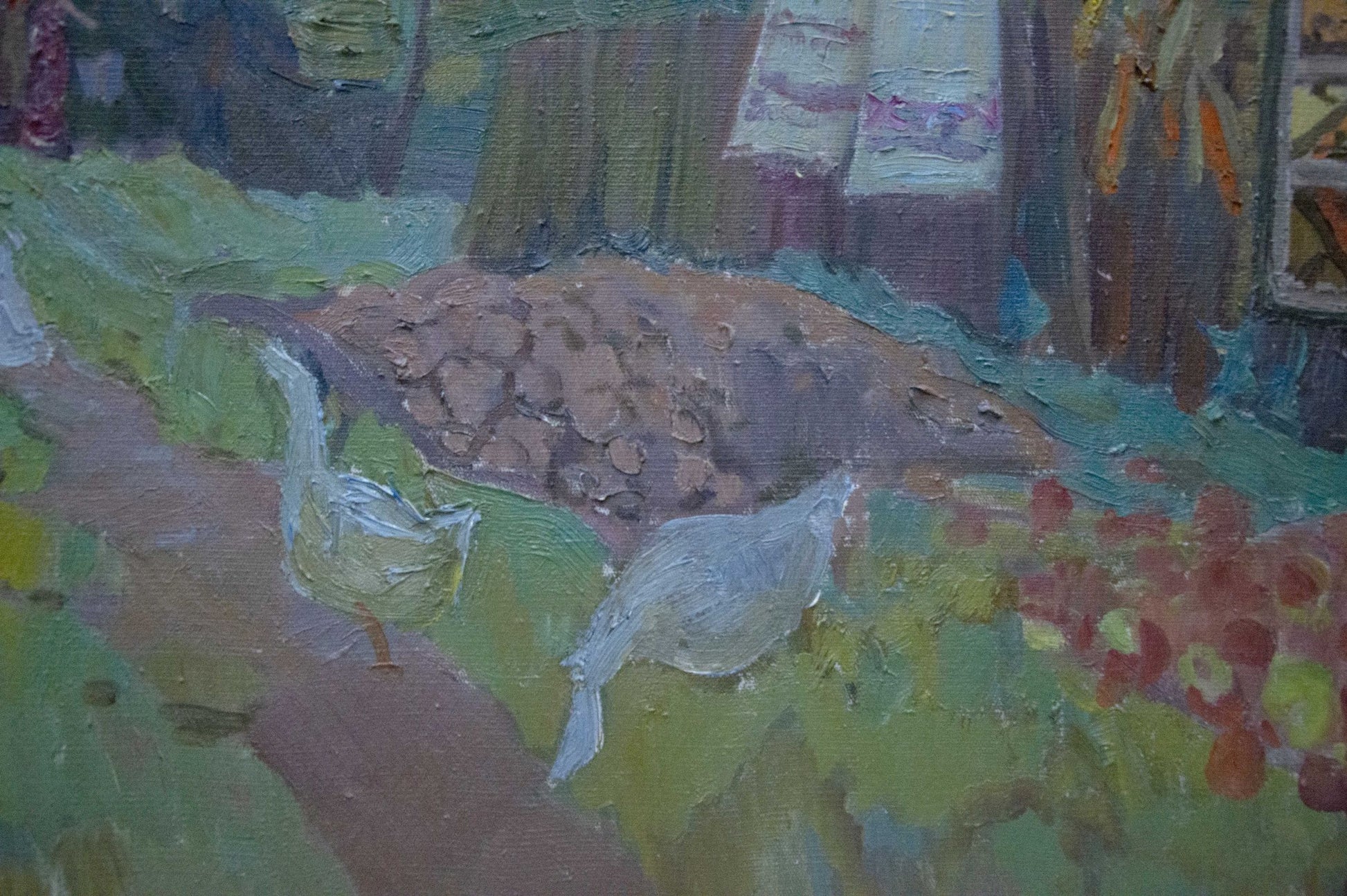 Oil painting by Yuzefovich Natalia Vladimirovna: white birds on path with green foliage, red fruit
