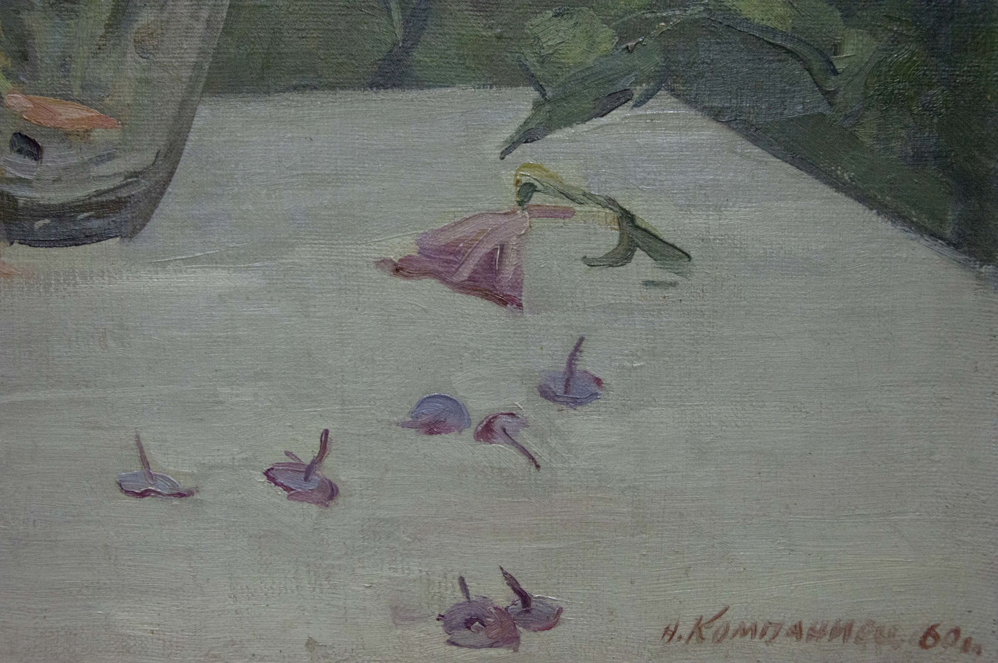 Oil painting Lilac by Nadezhda Kompaniyets-Kiyanchenko: wilted pink flower on pale surface