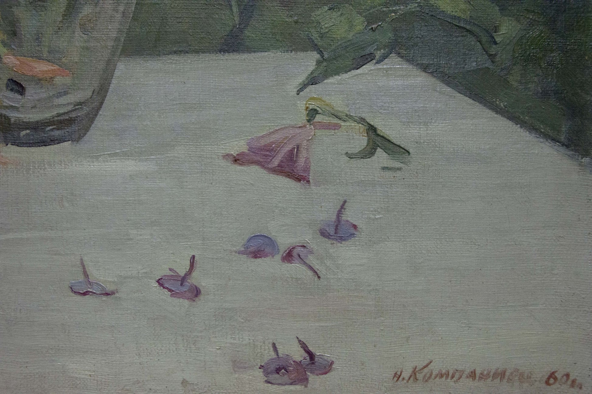 Oil painting Lilac by Nadezhda Kompaniyets-Kiyanchenko: wilted pink flower on pale surface