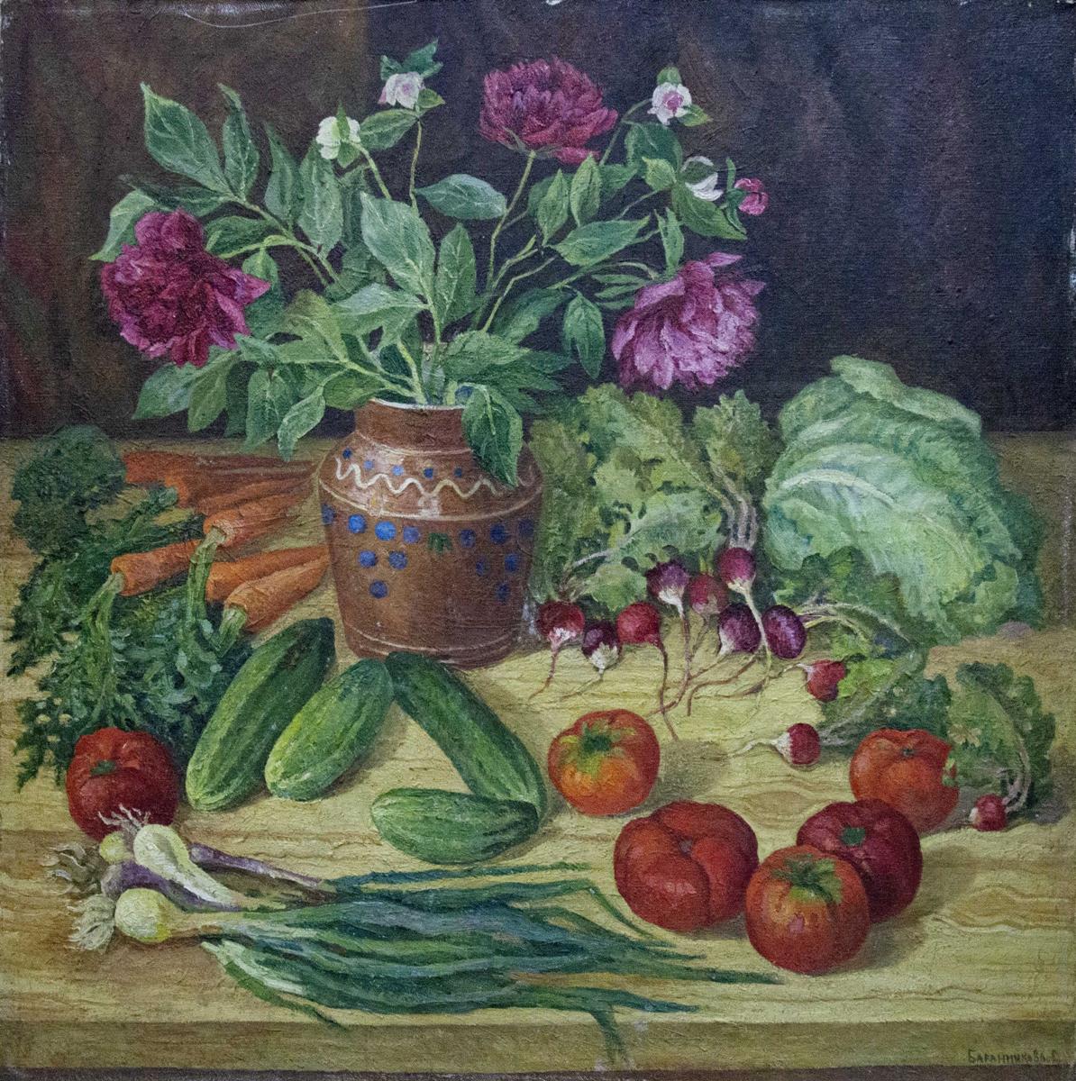 Oil painting by Barannikova Galina: brown ceramic vase with blue patterns holding purple peonies
