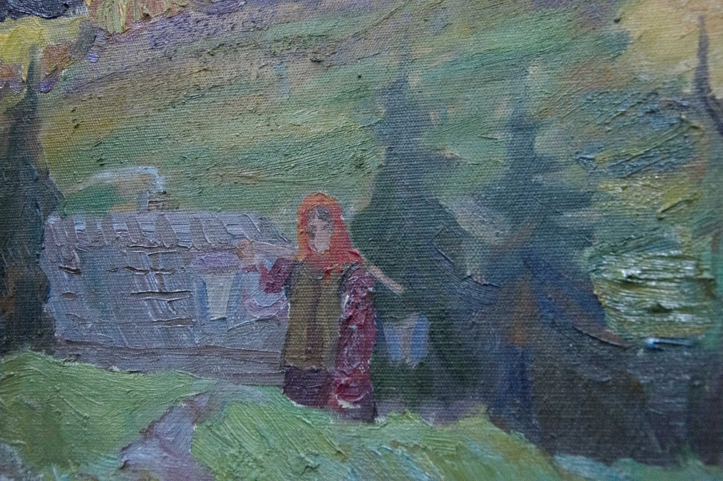 Oil painting by Yuzefovich Natalia Vladimirovna: red-hooded figure before stone structure