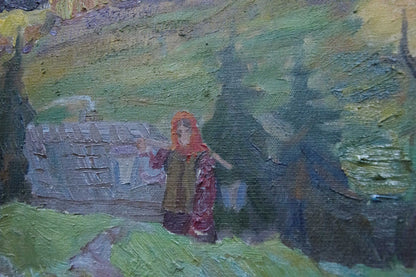 Oil painting by Yuzefovich Natalia Vladimirovna: red-hooded figure before stone structure