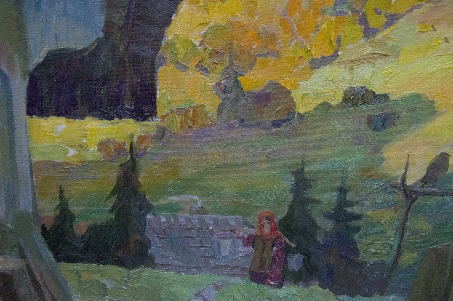 Oil painting by Yuzefovich Natalia Vladimirovna: woman in red headscarf before stone building