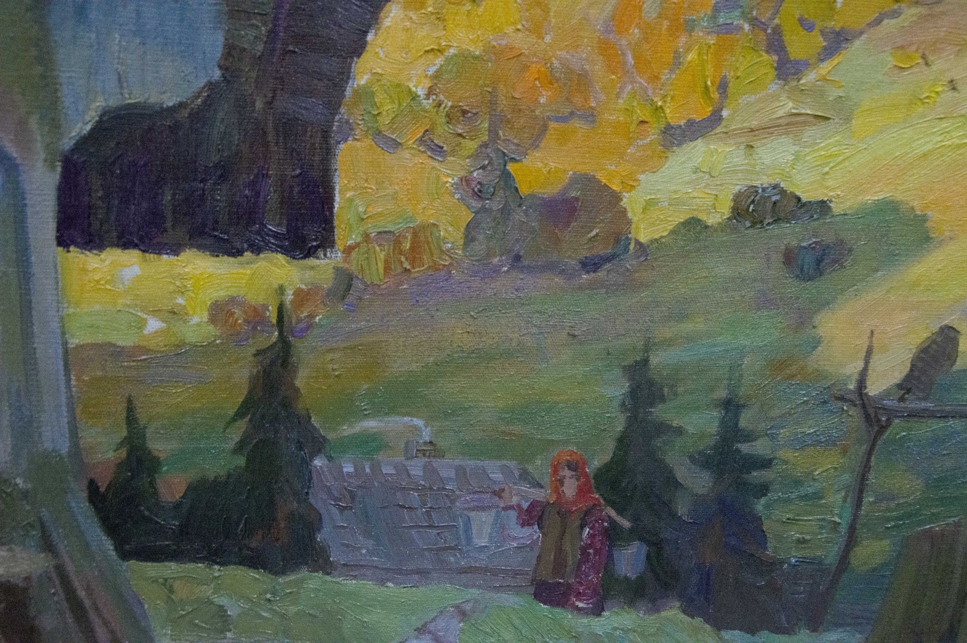 Oil painting by Yuzefovich Natalia Vladimirovna: woman in red headscarf before stone building