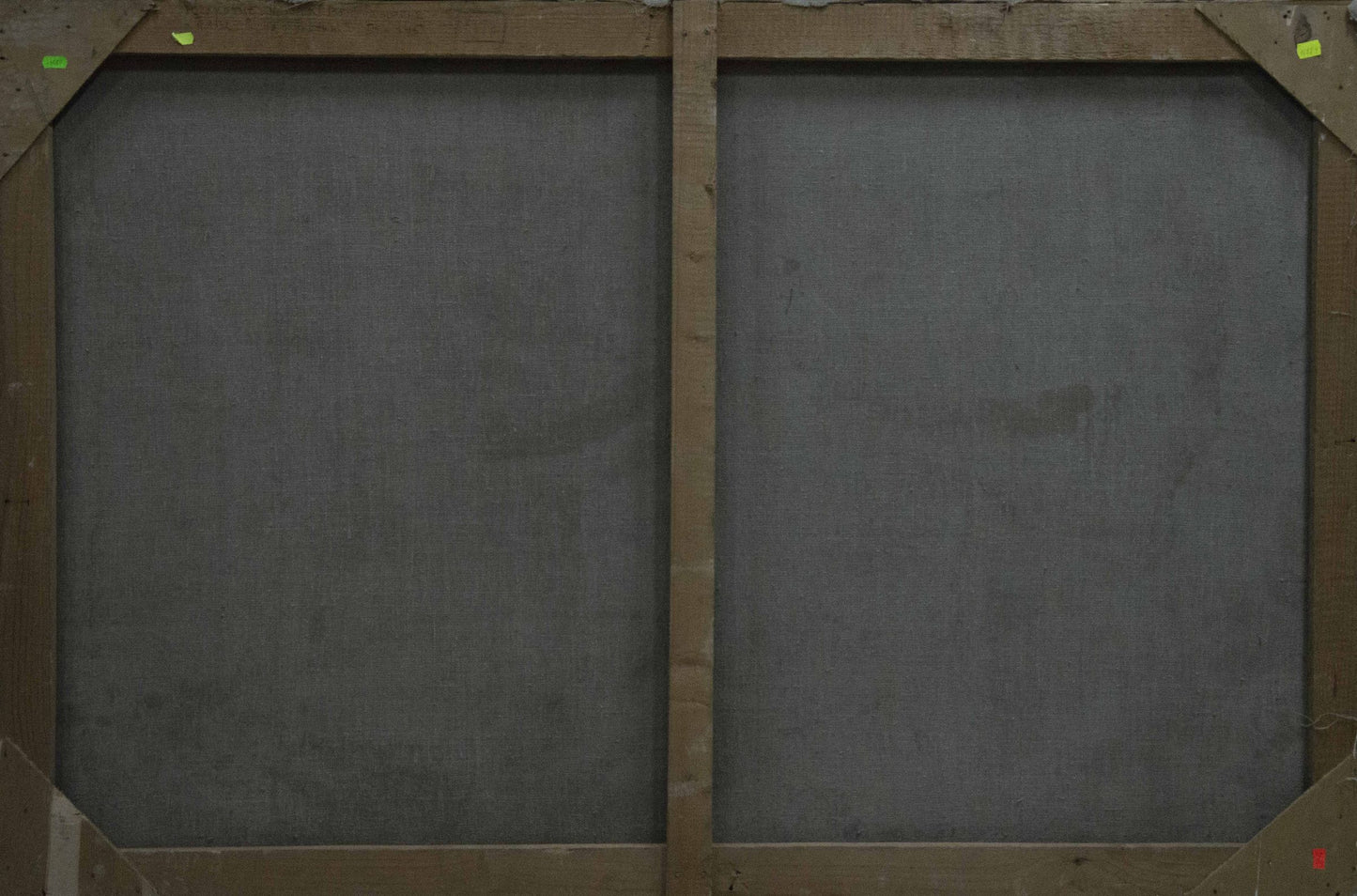 Back of oil painting Ukrainian outback by Yuzefovich Natalia Vladimirovna, two dark gray canvas panels in light brown wood frame