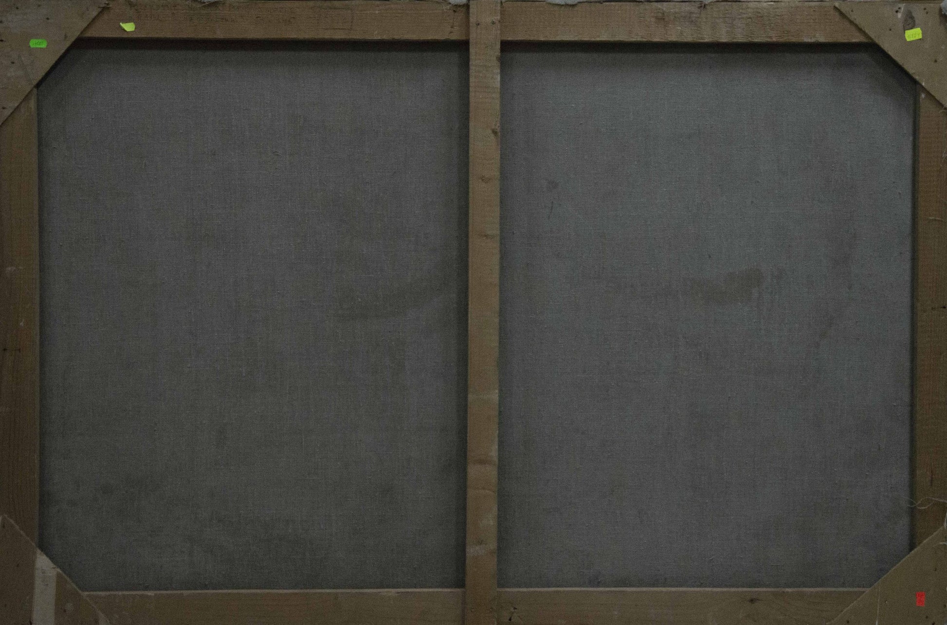 Back of oil painting Ukrainian outback by Yuzefovich Natalia Vladimirovna, two dark gray canvas panels in light brown wood frame