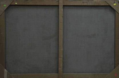 Back of oil painting Ukrainian outback by Yuzefovich Natalia Vladimirovna, two dark gray canvas panels in light brown wood frame