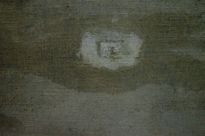Back of Oil painting Lilac by Nadezhda Kompaniyets-Kiyanchenko with worn gray fabric and central white damage