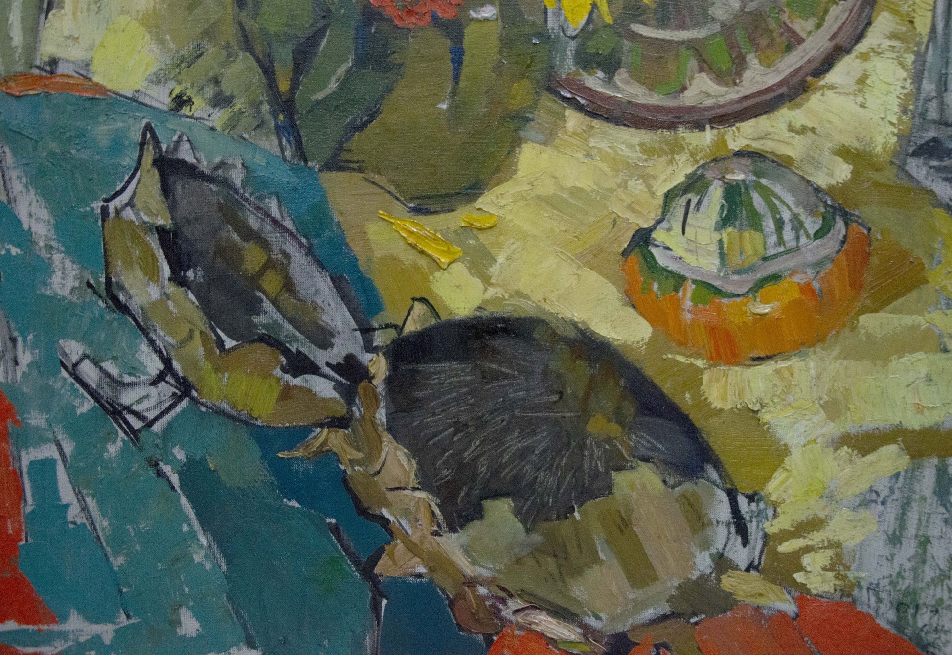 Oil painting by Kiyansky Yuri Mikhailovich: textured crab on teal fabric