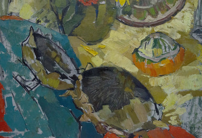 Oil painting by Kiyansky Yuri Mikhailovich: textured crab on teal fabric