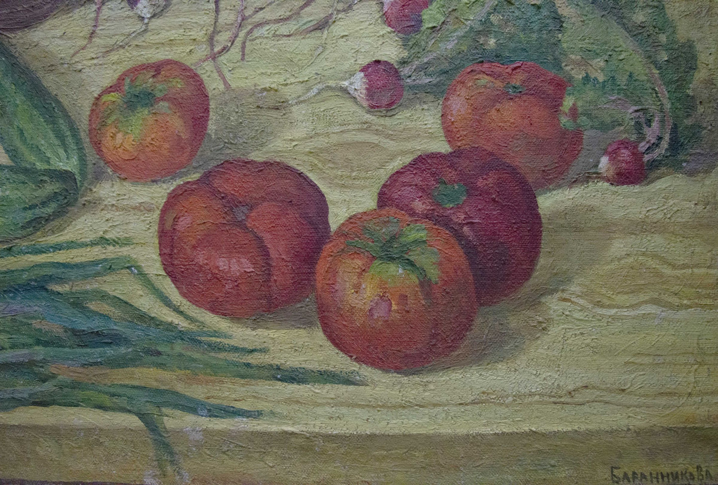 Oil painting of ripe red tomatoes with green stems by Barannikova Galina