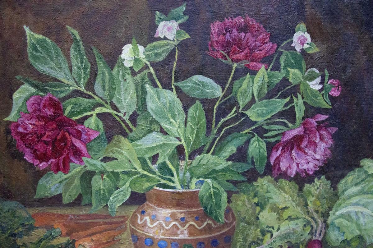 Oil painting by Barannikova Galina: terracotta vase with peonies