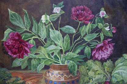 Oil painting by Barannikova Galina: terracotta vase with peonies
