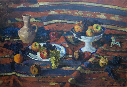 Oil painting by Bogdanova Irina Sergeevna: white bowl with blue rim, apples, grapes