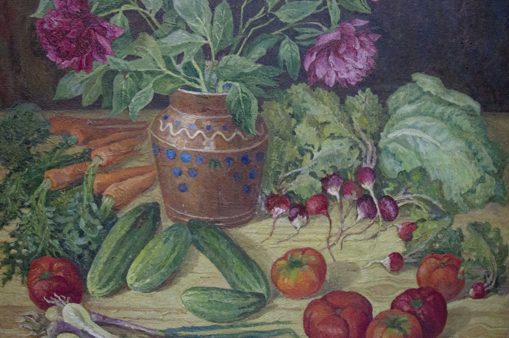 Oil painting by Barannikova Galina: brown ceramic vase with blue wavy pattern, green leaves, purple roses