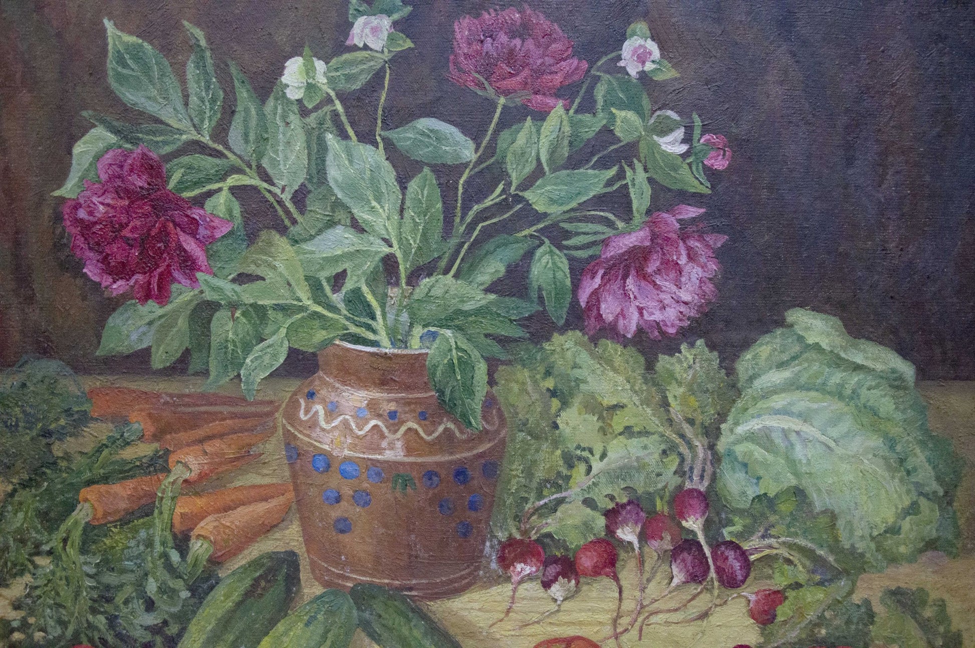 Oil painting by Barannikova Galina: brown vase with blue patterns, purple peonies