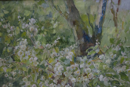 Oil painting of white blossoms and green foliage by Naumova Tamara Sergeevna