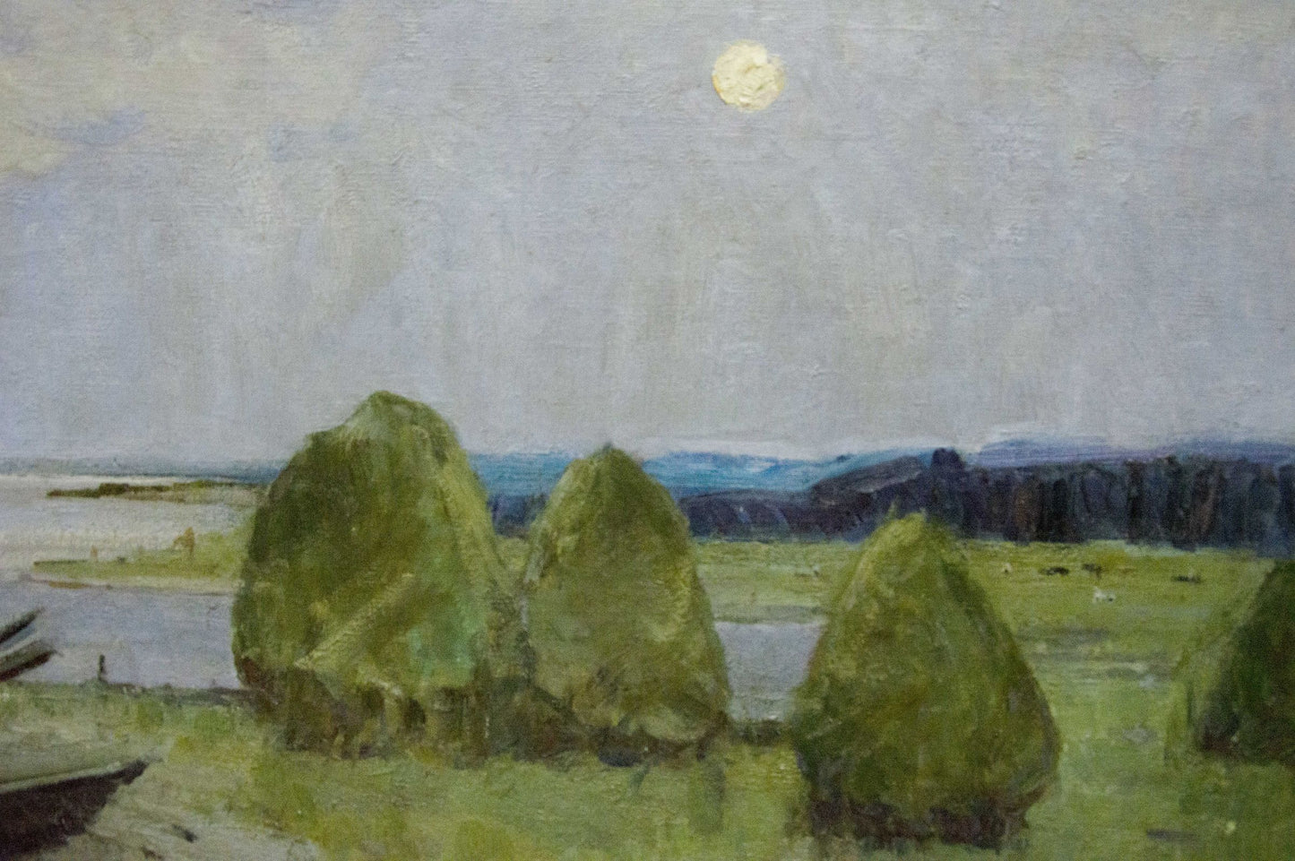 Serene impressionist oil painting by Sevastyanov Victor Grigorievich with green hay bales under pale moon