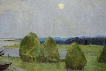 Serene impressionist oil painting by Sevastyanov Victor Grigorievich with green hay bales under pale moon