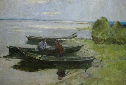 Oil painting Near the shore by Sevastyanov Victor Grigorievich: dark rowboats with two figures
