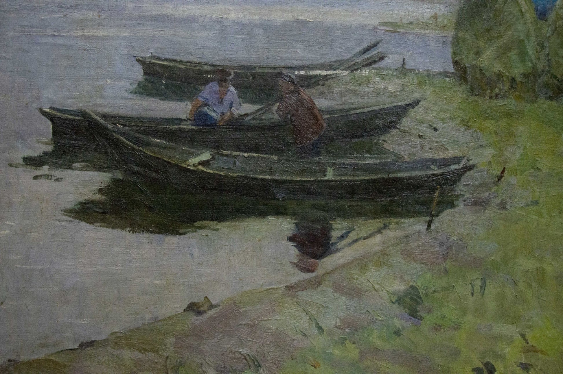 Oil painting by Sevastyanov Victor Grigorievich: dark rowboats moored near grassy shore
