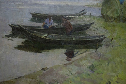 Oil painting by Sevastyanov Victor Grigorievich: dark rowboats moored near grassy shore