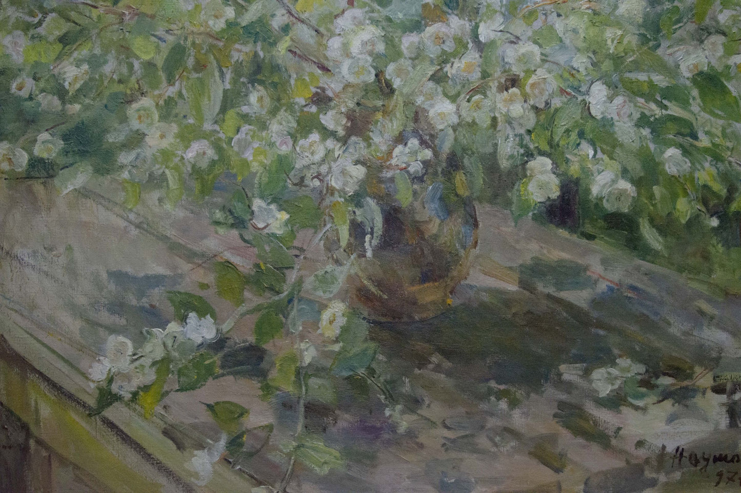 Oil painting of rustic vase with white blossoms by Naumova Tamara Sergeevna