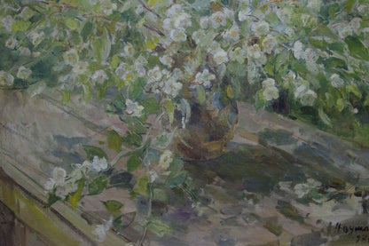 Oil painting of rustic vase with white blossoms by Naumova Tamara Sergeevna