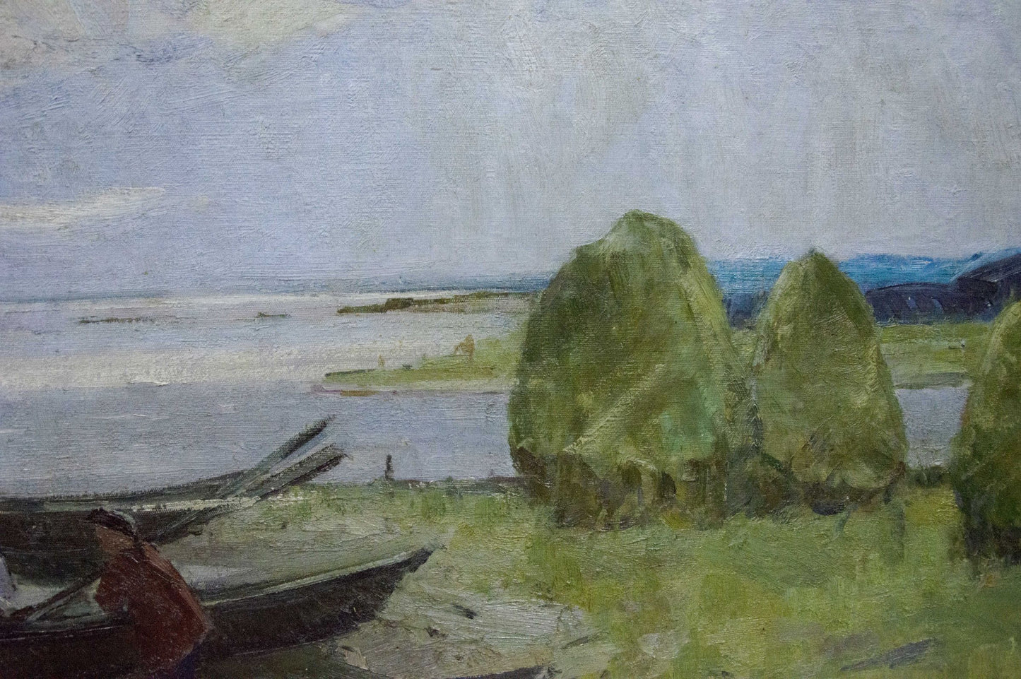 Oil painting Near the shore by Sevastyanov Victor Grigorievich, hay bales by water