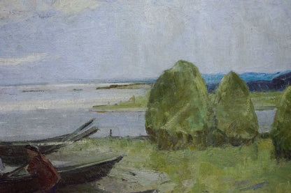 Oil painting Near the shore by Sevastyanov Victor Grigorievich, hay bales by water