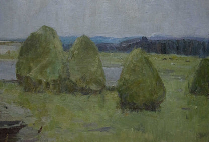 Oil painting Near the shore by Sevastyanov Victor Grigorievich: three conical hay bales in muted greens and browns