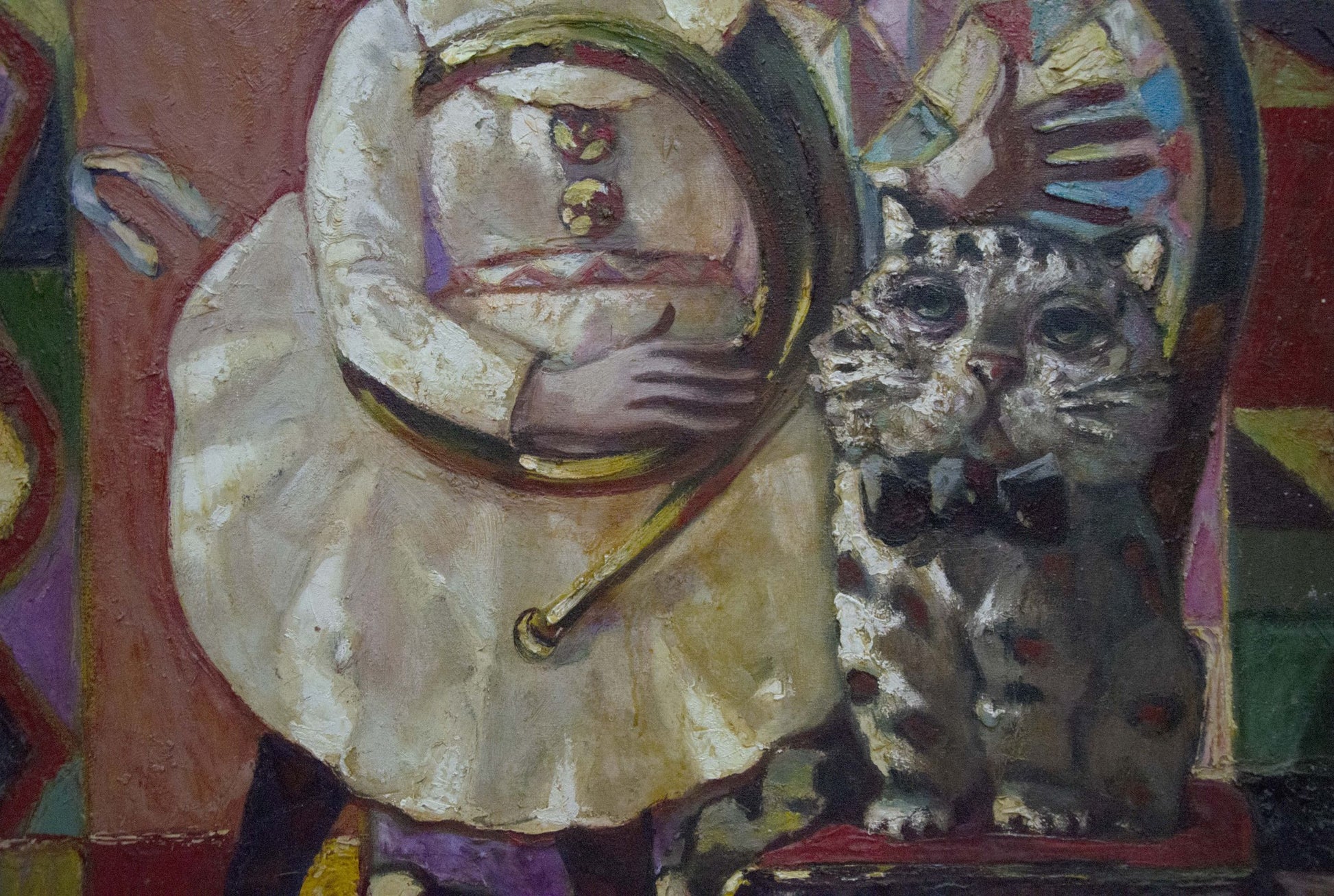 Gray white spotted cat with black bow tie beside ruffled figure in Prokopenko oil painting
