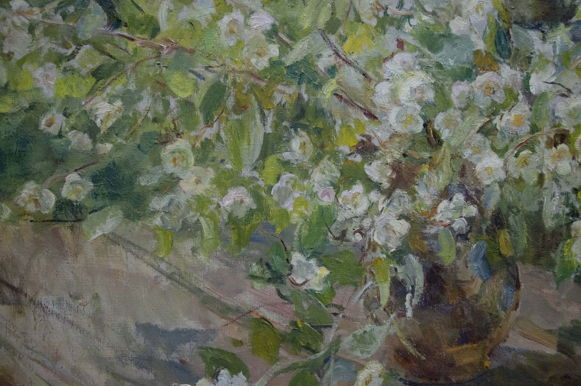 Oil painting by Naumova Tamara Sergeevna of rustic brown ceramic vase with white blossoms and green leaves