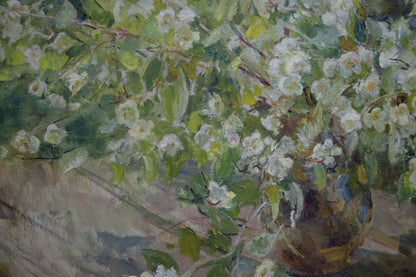 Oil painting by Naumova Tamara Sergeevna of rustic brown ceramic vase with white blossoms and green leaves
