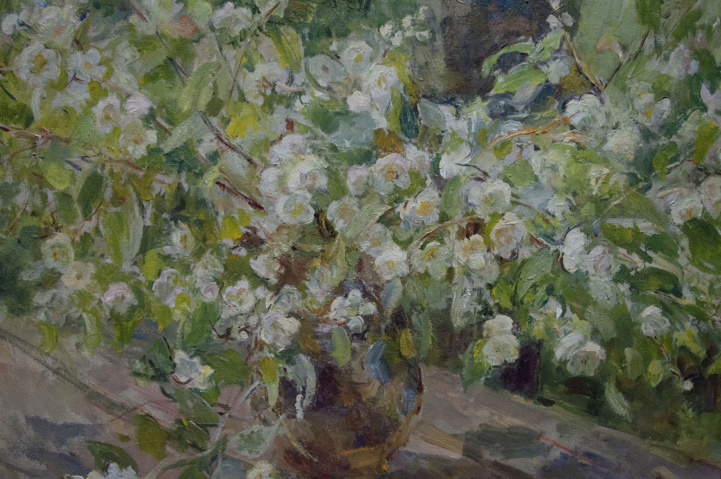 Impressionistic oil painting of lush white blossoms by Naumova Tamara Sergeevna