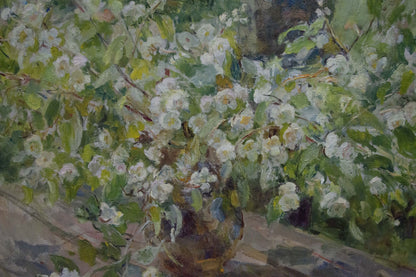 Impressionistic oil painting of lush white blossoms by Naumova Tamara Sergeevna