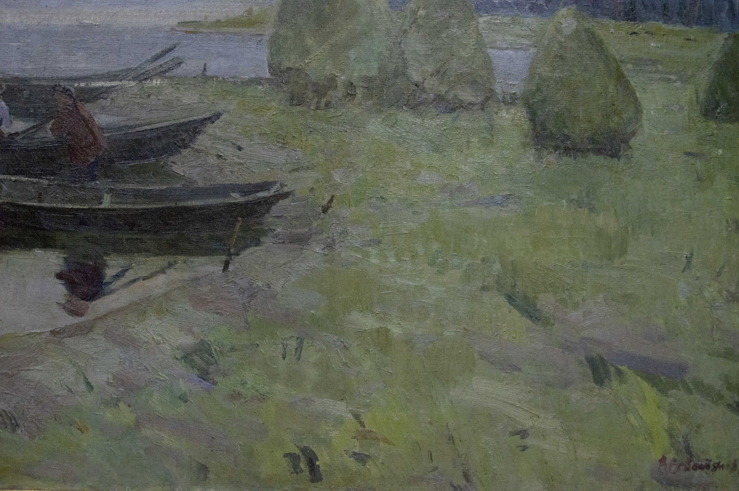 Oil painting of dark wooden rowboat on grassy shore by Sevastyanov Victor Grigorievich