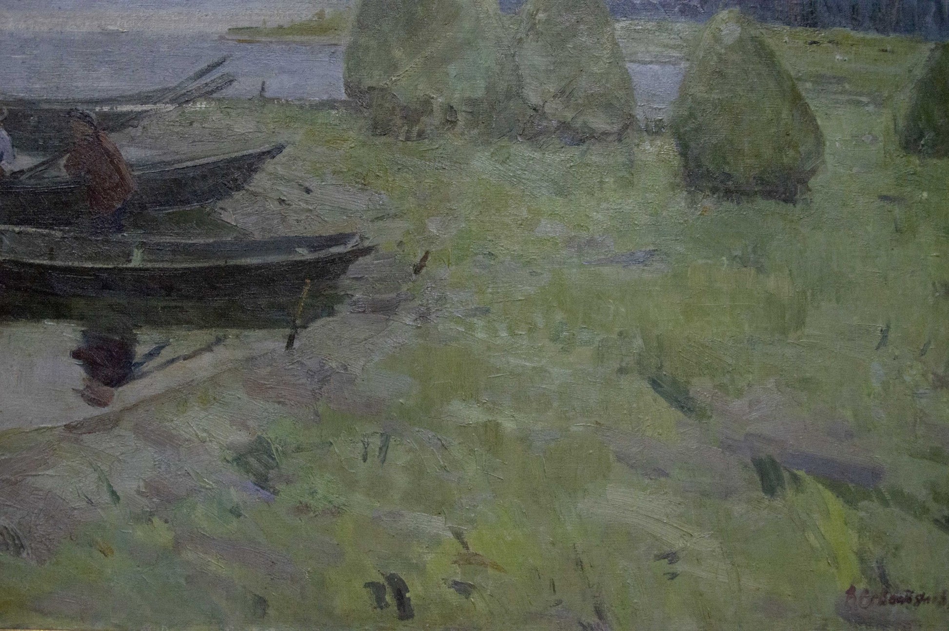 Oil painting of dark wooden rowboat on grassy shore by Sevastyanov Victor Grigorievich