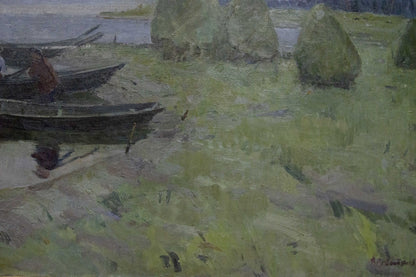 Oil painting of dark wooden rowboat on grassy shore by Sevastyanov Victor Grigorievich