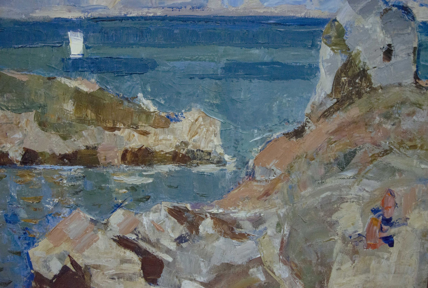 Textured impressionist oil painting of coastal cliffs, blue sea and sailboat by Konovalov Yuri Alexandrovich