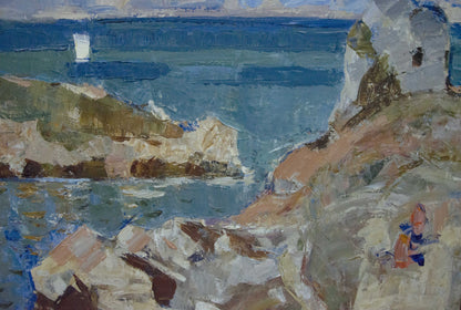 Textured impressionist oil painting of coastal cliffs, blue sea and sailboat by Konovalov Yuri Alexandrovich