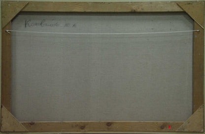 Back of framed Sail to the Ferry oil painting by Konovalov Yuri Alexandrovich, light gray fabric and natural wood frame