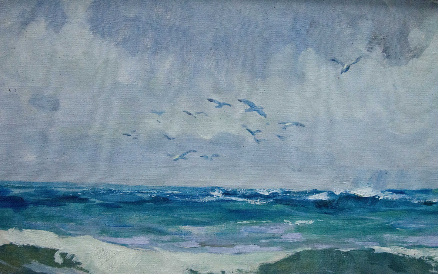 Serene seascape oil painting by Petr Sulimenko with gentle waves and seagulls