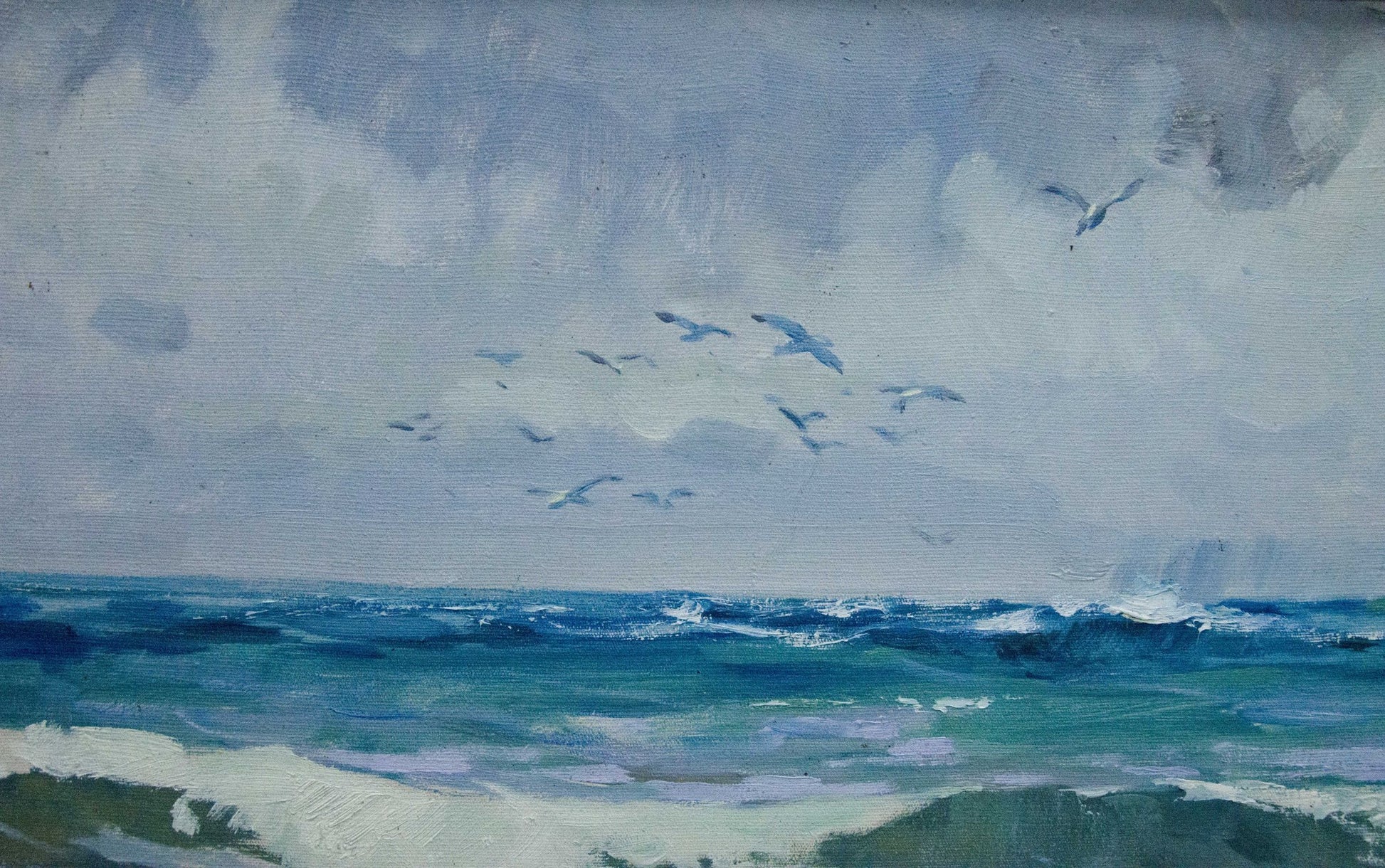 Serene seascape oil painting by Petr Sulimenko with gentle waves and seagulls