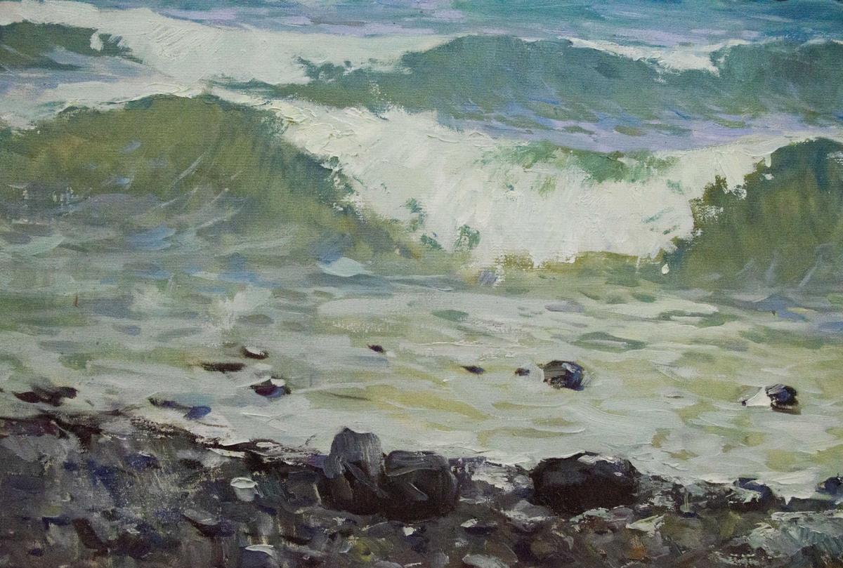 Oil painting Seascape with awakening by Petr Sulimenko, crashing green waves on rocks
