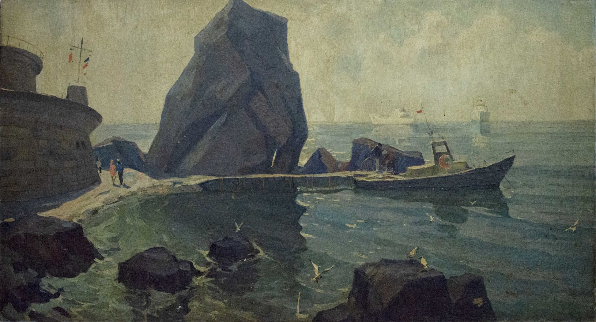 Oil painting Night coast: dark blue fishing boat by massive jagged rocks in harbor